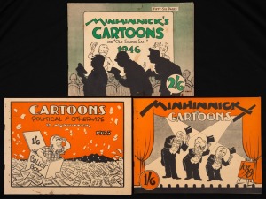 NEW ZEALAND HERALD: Group of three anthologies of Gordon Minhinnick's political cartoons, comprising 1933 "Cartoons - Political And Otherwise", 1938 "Minhinnick Cartoons", and 1946 "Minhinnick's Cartoons And Old Soldier Sam"; publisher Wilson & Horton, Au