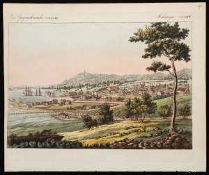 An early hand-coloured copper engraving of Hobart Town by Freidrich Justin Bertuch, circa 1825; the image approx. 15 x 21.5. The accompanying text (in German and French) describes the town as having 400 houses and 2700 inhabitants.