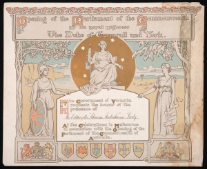 1901 FEDERATION: Two colour lithographic invitations, the larger 30.5 x 36.5cm, inviting "The Editor of Advance Australia and Lady" to the May 9th Exhibition Building Opening of Parliament, and to the celebrations thereafter. (2 items)