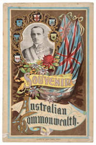 1901 FEDERATION: "Souvenir Of The Inauguration Of The Australian Commonwealth" [John Sand, 1901, presumed first and only edition], large format colour pictorial, 42 x 27cm, plus book of printed photographs of Melbourne and surrounds in 1890s. (2 items)
