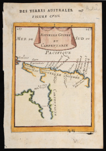 GULF OF CARPENTARIA: Circa 1680s copper engraving from Manesson Mallet's "Description de L'Univers", hand-coloured by a later owner. Text in French on rear remarks that "A Dutch captain named Carpentier discovered, near the middle of the Land of the Papua