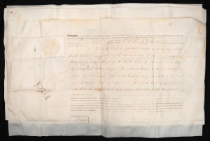 TASMANIA: A remarkable group of vellum land grant documents, all 1858-59 and all signed by Tasmanian Governor Henry Young: the recipients are James Leary, James Alexander Thomson (4 properties), William Duffy, Denis Maher, James Flannagan; all sealed and 