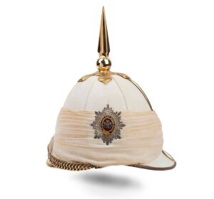 Third Dragoon Guards officer's Sun or Pith helmet, circa 1871, with wide pugaree. Most likely for use in India. (Exceedingly rare with no other known examples).
