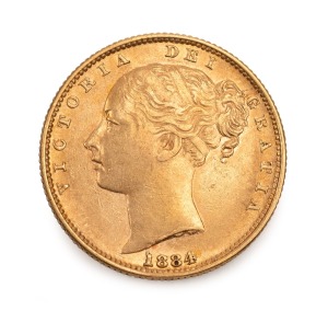 1884 Sovereign, Queen Victoria, Shield reverese, Sydney Mint, EF.
