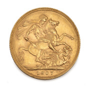 1907 Sovereign, Edward VII, St. George reverse, Perth Mint, EF.