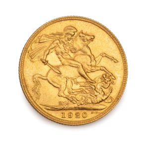 GEORGE V, 1920 Sovereign, St. George reverse, Unknown Mint, virtually Uncirculated.