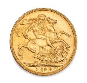 GEORGE V, 1928 Sovereign, St. George reverse, Unknown Mint, virtually Uncirculated.