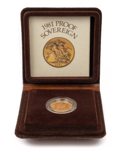 ELIZABETH II, 1981 Gold Sovereign Proof in original plastic capsule within a Royal Mint leatherette wallet with Certificate.