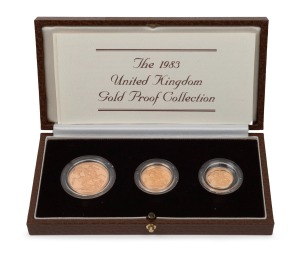 The 1983 United Kingdom Gold Proof Collection in presentation case of issue, comprising of a Two Pound, a Sovereign and a Half-Sovereign coin, (3). [NB: Only 12,500 of the £2 were minted.]