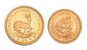 1965 1 Rand and 2 Rand gold Springboks, (2) Unc.