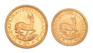 1965 1 Rand and 2 Rand gold Springboks, (2) Unc.