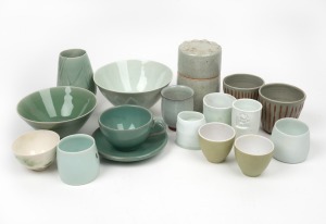 Seventeen assorted pieces of Australian pottery and ceramics, mostly with celadon glaze, makers include STEVE SHERIDAN, PETRA SVOBODA, IVAN GLICH, KIRSTEN COELHO and others, the largest 15cm high