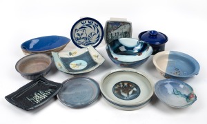 Twelve assorted blue ceramic bowls and containers, including MITSUO SHOJI, ​​​​​​​the largest 22cm wide