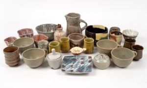 Pottery bowls, beakers, jugs, tea strainer, lidded box, flannel flower plate etc., various makers, (27 items), the largest 15cm high