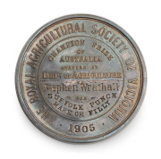 DEPARTMENT OF AGRICULTURE VICTORIA, The Royal Agricultural Society of Victoria, 1905, Champion Prize of Australia, medal in silver (48mm, 55g, by K.G. Luke); reverse inscribed to "Stephen Wrathall" for "SUFFOLK PUNCH - MARE OR FILLY". A rare and beautiful