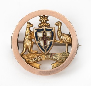 WILLIS & SONS of Melbourne 9ct gold and enamel patriotic lapel badge with Australian Coat of Arms circa 1900, ​​​​​​​2.3grams.