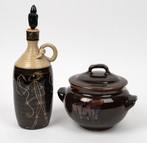 JANET GRAY pottery decanter with sgraffito decoration; together with a REG PRESTON pottery crock, (2 items), both with incised signatures to base, the decanter 33cm high.