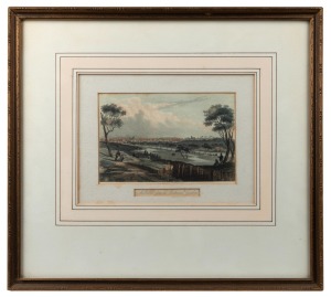 Two antique hand-coloured lithographs: I.) Melbourne From The Botanical Gardens, 1853, II.) Post Office, Melbourne, image size 13 x 18cm, 38 x 41cm each overall.