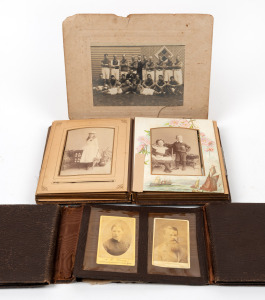 Collection of assorted antique photographs, housed in two old time albums with mostly Australian photographers, including cartes-de-visite, cabinet portraits plus an Australian Rules albumen photograph of the Williamstown Football team, 19th century, (qty