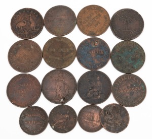 TRADE TOKENS: A collection of "Penny" and "Half Penny" trade tokens issued by various traders, including H.J. Marsh & Brother of Hobart Town, I. Friedman of Hobart, Lewis Abraham of Hobart, R. Parker of Geelong, William Jarvey of Hobart Town, Andrew Mather of Hobart Town, Morrin & Co., Auckland, Samuel Henry of Deloraine, etc. Some duplication and very mixed condition, but an interesting group. (16).