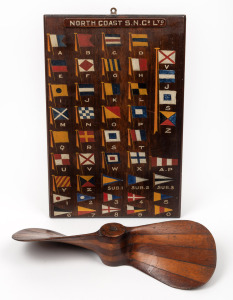 61 · NORTH COAST S.N.Co. LTD. hand-painted signal flag board display, together with a cedar and pine pattern makers boat propeller, (2 items), both with inscriptions. the board 46 x 31cm overall.