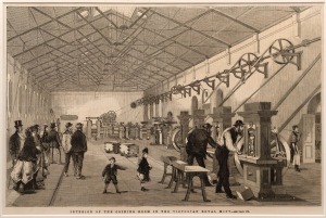 MELBOURNE MINT: Seven window-mounted wood engravings featuring exterior and interior views of the mint, including c. 1872 "The Excellency Viscount Canterbury Coining The First Sovereign", c. 1872 "Interior Of The Coining Room In The Victorian Royal Mint",