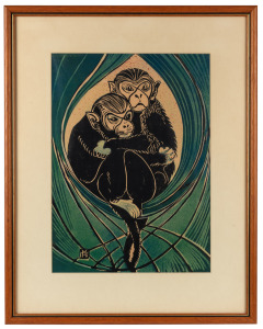 MARGUERITE MAHOOD (1901-1989), (monkey mother and child), linocut, signed in plate lower left "M.M.", 40 x 29cm, 58 x 46cm overall.