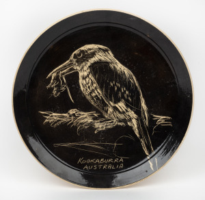"KOOKABURRA AUSTRALIA" pottery platter, incised "VICTORIA COLLEGE AUSTRALIA", 30cm diameter.