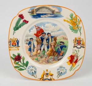 SYDNEY HARBOUR BRIDGE SOUVENIR, sesquicentennial 1788-1938, porcelain commemorative cabinet plate by ROYAL DOULTON, retailed by Prouds of Sydney, 26cm wide.