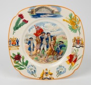 SYDNEY HARBOUR BRIDGE SOUVENIR, sesquicentennial 1788-1938, porcelain commemorative cabinet plate by ROYAL DOULTON, retailed by Prouds of Sydney, 26cm wide.