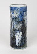 PAUL DELPRAT hand-painted cylindrical porcelain vase with nude figures in landscape, signed "Paul Delprat", 26cm high