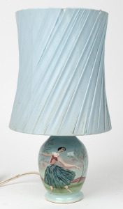 GUY BOYD blue glazed pottery table lamp with dancing figure and original shade, incised "Guy Boyd", 31cm high