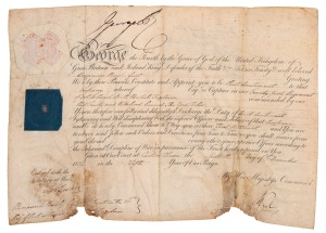 THE STORY OF BENJAMIN BAYLY (1797-1850), First Lieutenant, 21st Regiment of Foot, Van Diemen's Land and resident of "RUNNYMEDE", north of Hobart. A remarkable group of five original vellum documents recording Bayly's service career