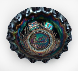 CROWN CRYSTAL cobalt carnival glass "Swan" master bowl, ​​​​​​​8cm high, 24cm wide.