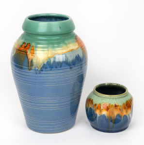 REMUED two blue and green glazed pottery vases with orange and brown highlights, both incised "Remued", ​​​​​​​the larger 25cm high