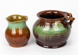 REMUED brown and green glazed pottery vase with applied branch handle; together with a brown and green glazed vase with frilled rim, (2 items), both incised "Remued", the branch handle example 13.5cm, 18cm wide