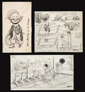 Original pen and ink artworks by newspaper cartoonist, Samuel G. Wells, circa 1922-23: "The Rolling Stone that Gathered Some Moss"; Safety First on the roads; and "Sam Barton at the Tivoli", (3 items); the largest 20 x 35cm.