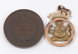 TWO AWARDS TO A.E. SPARROW: 1907, 9ct gold (3.5g) Australian Coat of Arms fob engraved to front "A.N.A. COMPETITIONS - ELOCUTIONARY CHAMPIONSHIP" and verso "E.A. SPARROW 1907"; also, "SOUTH AUSTRALIAN CHAMBER OF MANUFACTURERS" bronze medal of 1869 engra
