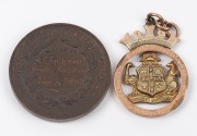 TWO AWARDS TO A.E. SPARROW: 1907, 9ct gold (3.5g) Australian Coat of Arms fob engraved to front "A.N.A. COMPETITIONS - ELOCUTIONARY CHAMPIONSHIP" and verso "E.A. SPARROW 1907"; also, "SOUTH AUSTRALIAN CHAMBER OF MANUFACTURERS" bronze medal of 1869 engra