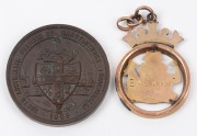 TWO AWARDS TO A.E. SPARROW: 1907, 9ct gold (3.5g) Australian Coat of Arms fob engraved to front "A.N.A. COMPETITIONS - ELOCUTIONARY CHAMPIONSHIP" and verso "E.A. SPARROW 1907"; also, "SOUTH AUSTRALIAN CHAMBER OF MANUFACTURERS" bronze medal of 1869 engra - 2
