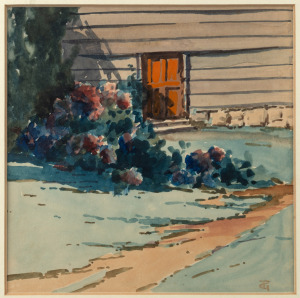 THOMAS BALFOUR (TOM) GARRETT (1879-1952), Red Door, watercolour, signed lower right with monogram "T. G." and titled verso, 15 x 15cm, 40 x 38cm overall.