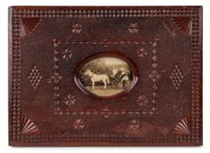 An antique albumen photograph group shot of people in a horse drawn cart with a gentleman and pushbike, housed in an antique chip carved frame, 19th/20th century, 35 x 48cm overall.