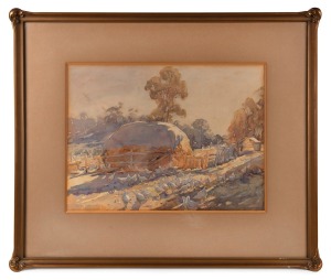 GWENDOLINE L'AVANCE (GWEN) BARRINGER (1882-1960), (farm scene with chickens and haystack), watercolour, signed lower "Gwen Barringer", 35 x 48cm, 63 x 75cm overall.