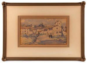 GWENDOLINE L'AVANCE (GWEN) BARRINGER (1882-1960), (Italian village scene), watercolour, signed lower "Gwen Barringer", 22 x 37cm, 47 x 65cm overall.
