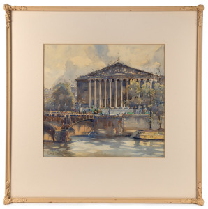 GWENDOLINE L'AVANCE (GWEN) BARRINGER (1882-1960), (Paris from the Seine), watercolour, signed lower "Gwen Barringer", 36 x 39cm, 64 x 63cm overall.