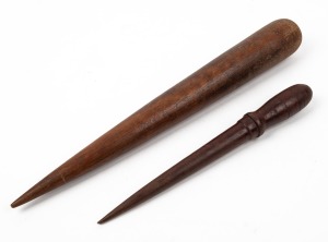 Two antique Australian blackwood fids, Tasmanian origin, 19th century, 29cm and 40cm long.