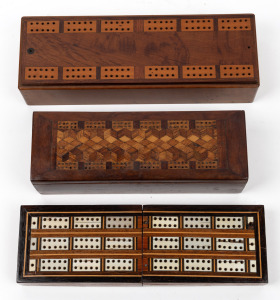 Three antique Australian specimen wood and whalebone cribbage boxes, 19th/20th century, the largest 27cm wide.