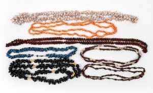 Seven assorted bead necklaces, shell, apple seed and native seed pods,