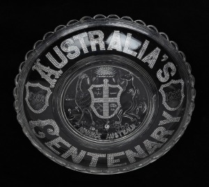 "AUSTRALIA'S CENTENARY, 1888, ADVANCE AUSTRALIA": Pressed glass bowl with coat of arms, 26cm diameter
