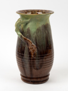 REMUED green and brown glazed pottery vase with branch handle decoration, incised "Remued, 110L", 26.5cm high